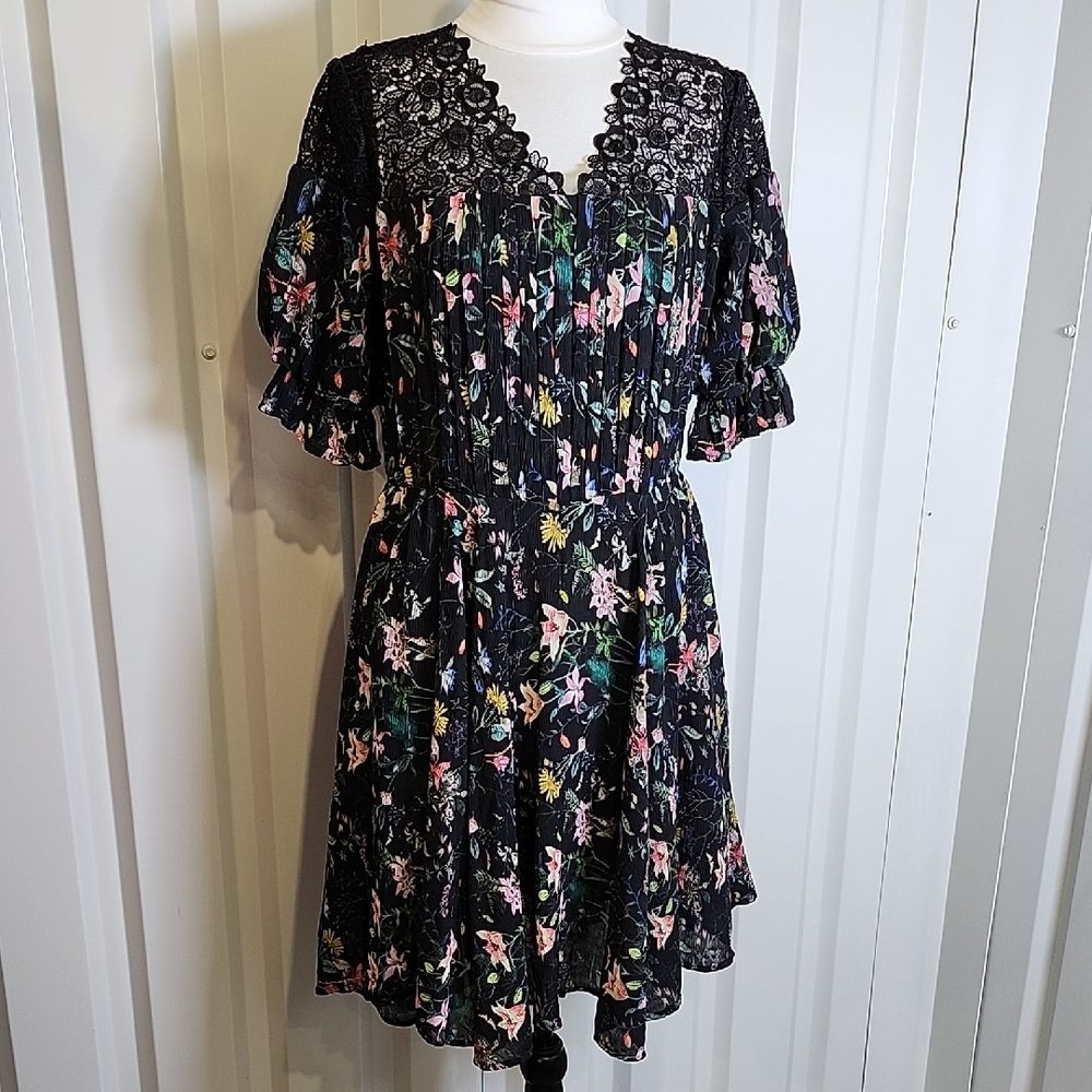 The Kooples Black Floral Midi Dress Lace Inset Top Size Medium Puff Sleeves